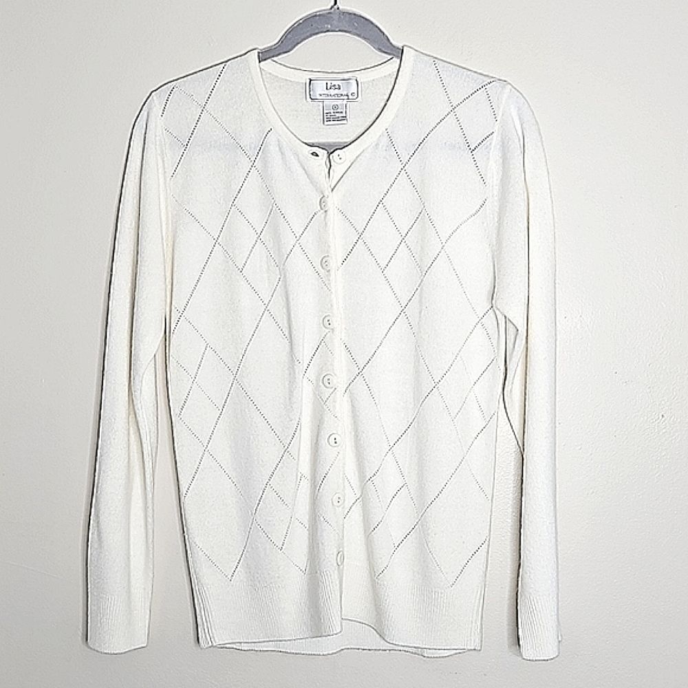 Vintage Lisa International Ivory Cartigan Button down Diamond pattern Small